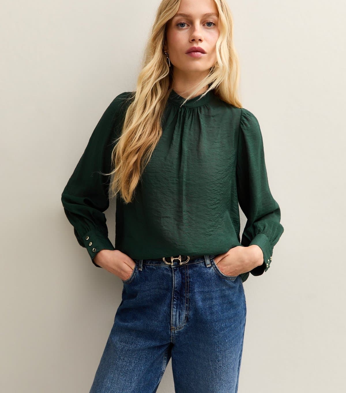 New Look New Look Dark Green Woven High Neck Long Sleeve Top