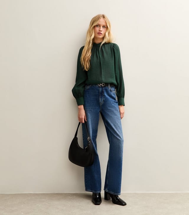 New Look Women's Dark Green Gathered High Neck Long Sleeve Top New Look - 3