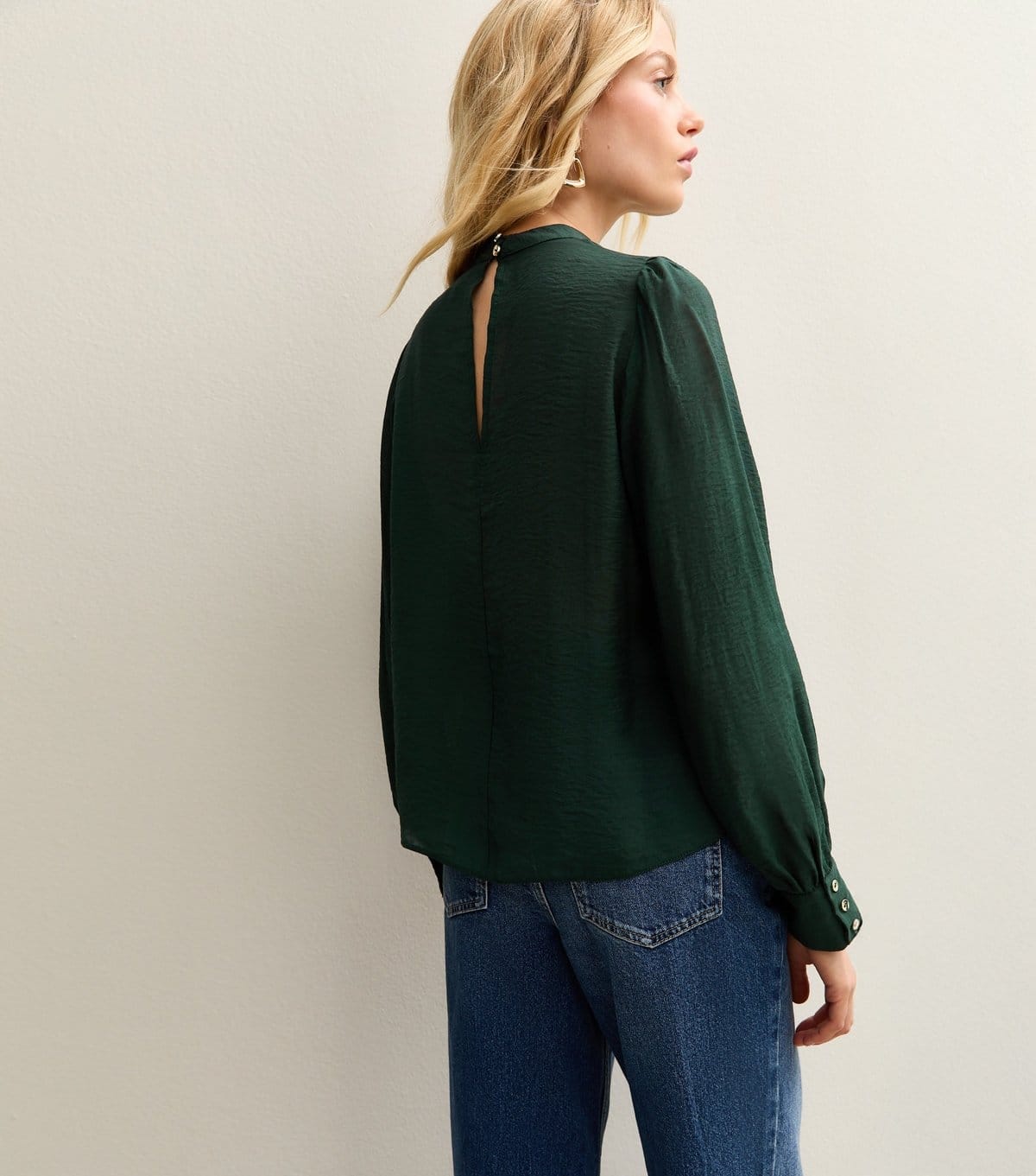 New Look Women's Dark Green Gathered High Neck Long Sleeve Top New Look - 4