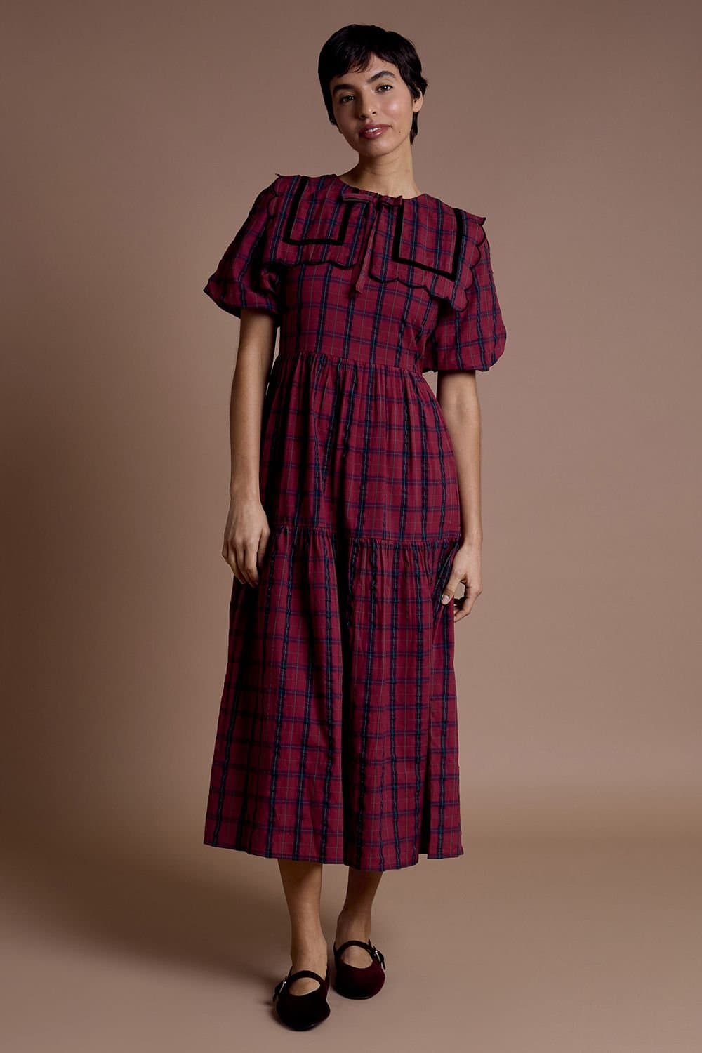 Neon Rose Neon Rose Women's Collar Detail Tiered Midaxi Dress in Burgundy Check