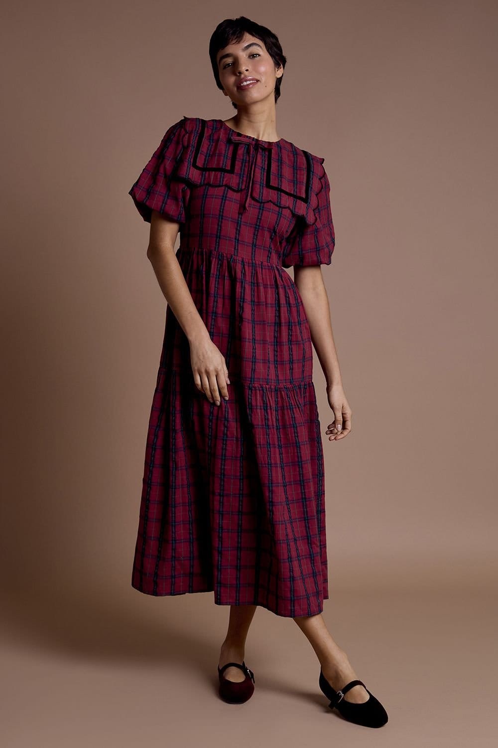 Neon Rose Neon Rose Women's Collar Detail Tiered Midaxi Dress in Burgundy Check - 4