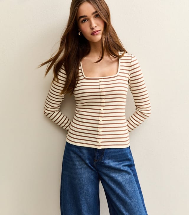 New Look Women's Brown Striped Square Neck Button Detail Top New Look - 2
