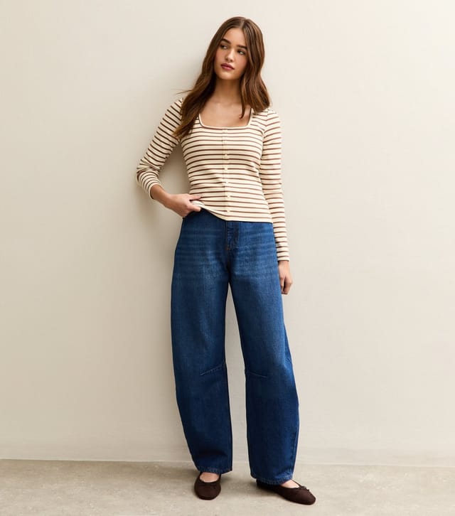 New Look Women's Brown Striped Square Neck Button Detail Top New Look - 3