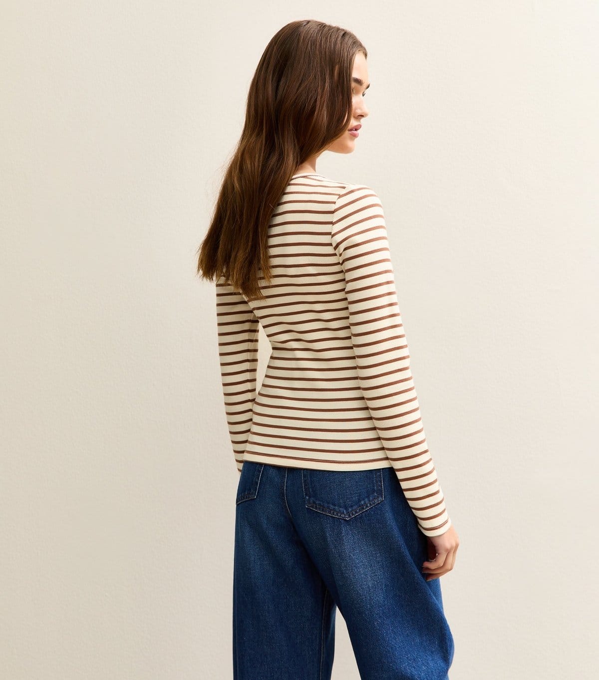 New Look Women's Brown Striped Square Neck Button Detail Top New Look - 4