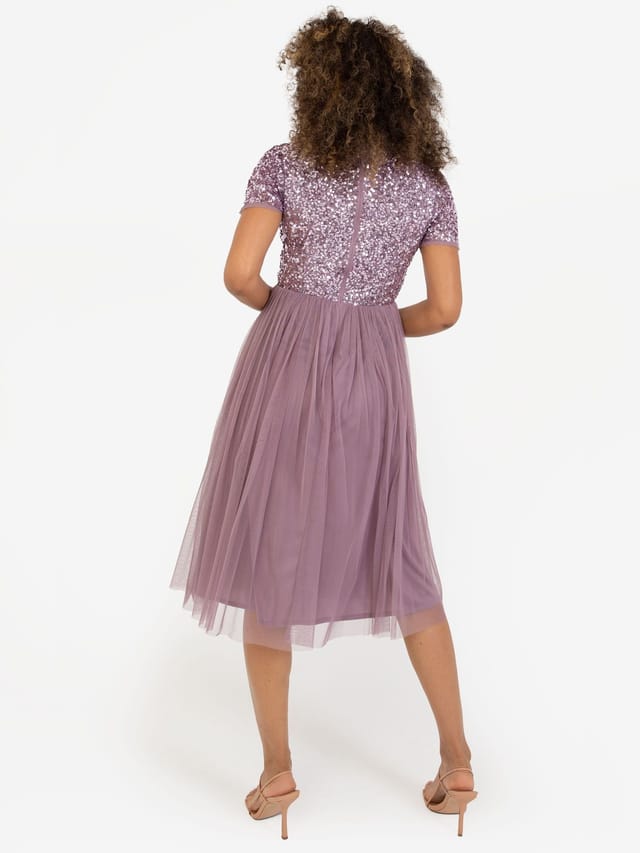 Maya Deluxe Maya Deluxe Women's Short Sleeve V Neck Embellished Midi Dress in Lilac - 3
