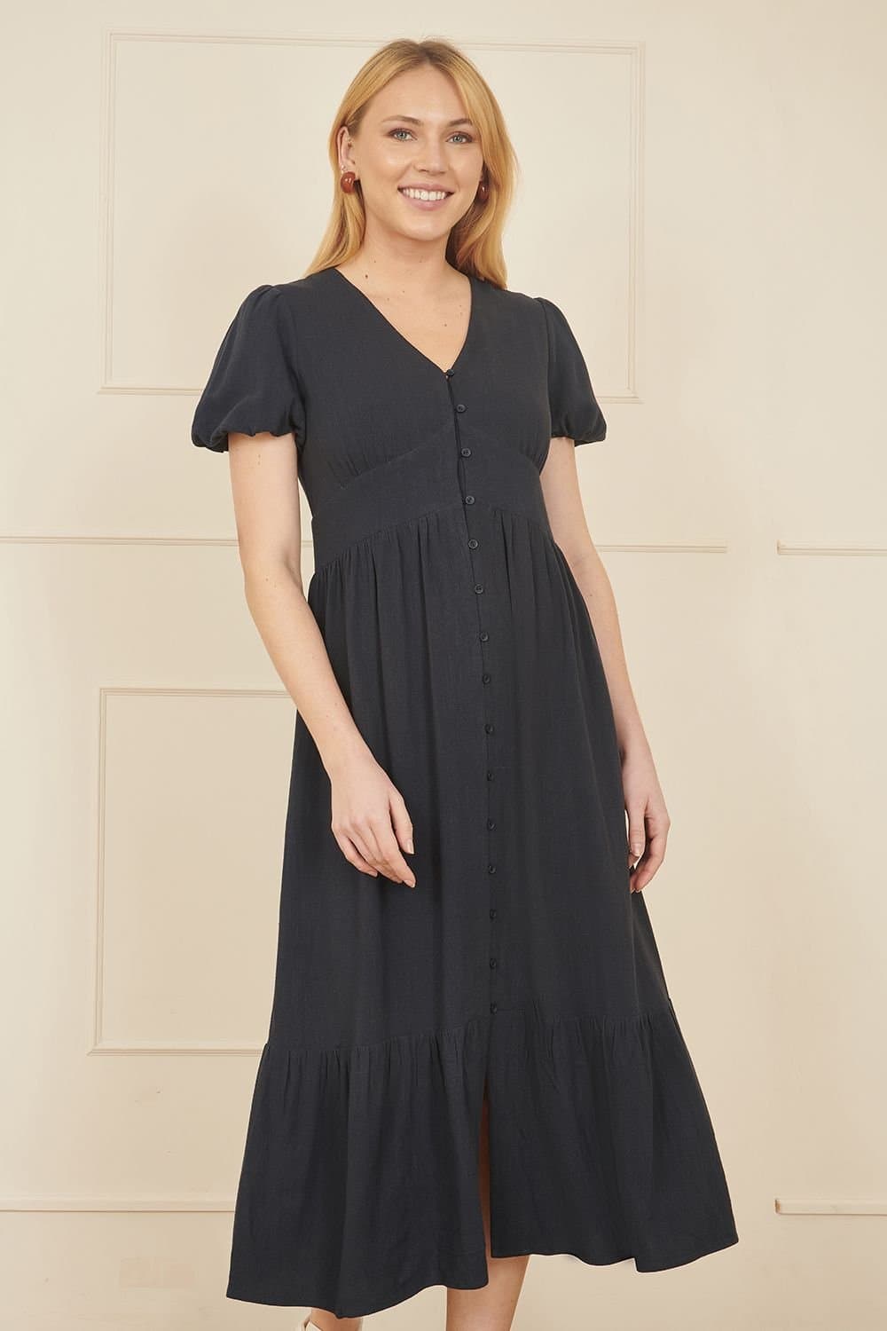 Yumi Yumi Women's Navy Viscose Button Through Midi Dress