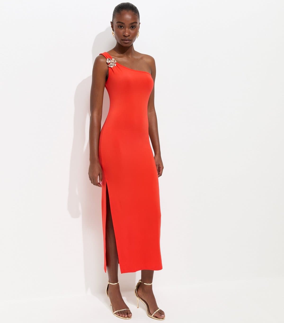 New Look Women's Bright Orange Flower Charm One Shoulder Midi Dress New Look