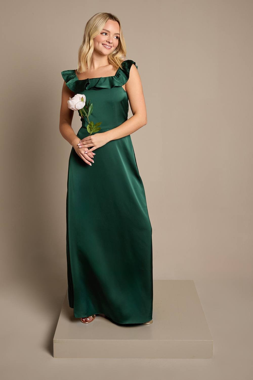 Coast Coast Women's Teen Ruffle Strap Satin Bridesmaid Dress in Emerald - 2
