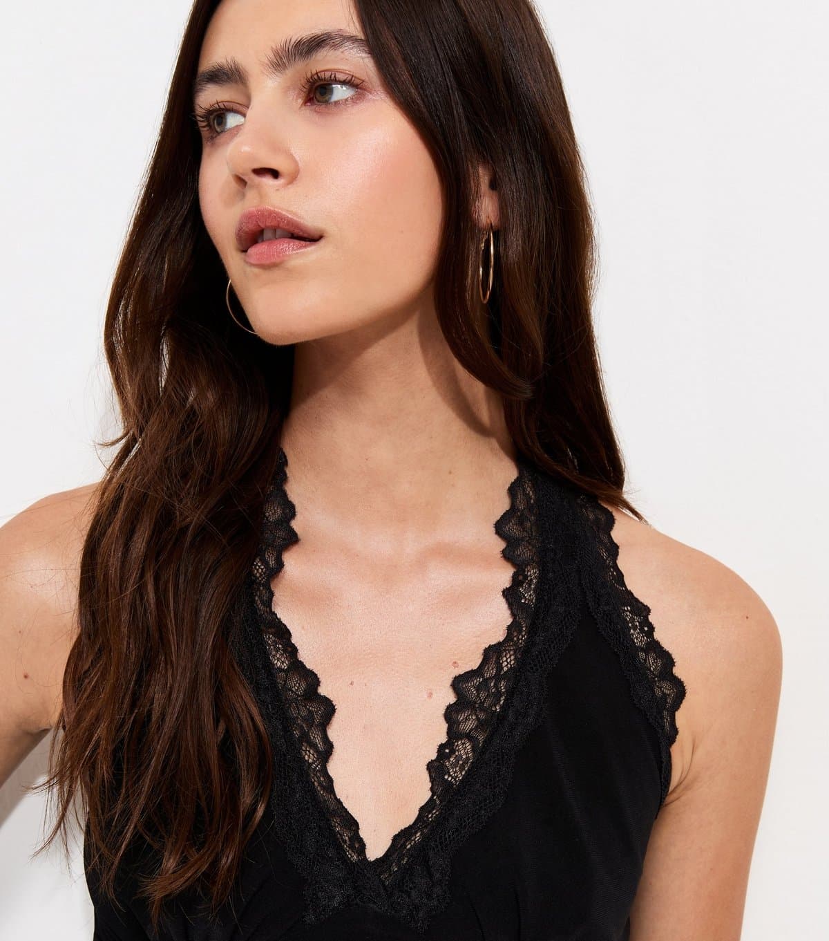 New Look New Look Black Slinky Jersey Lace Trim Halterneck Top