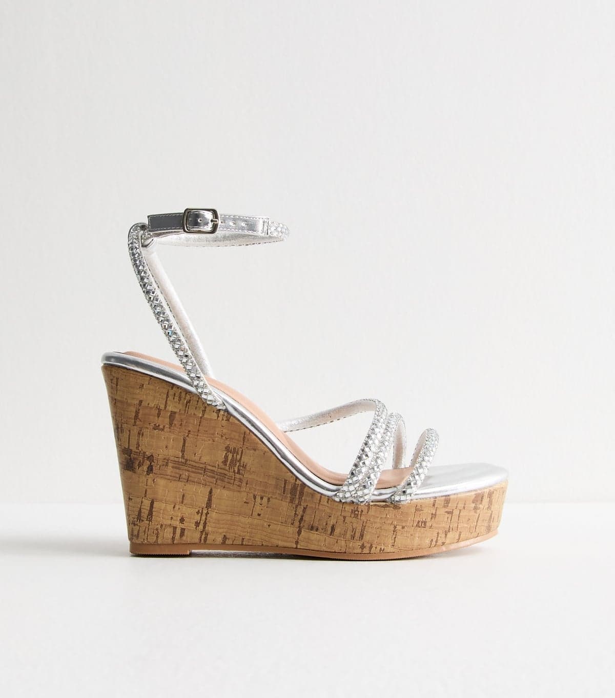 New Look Women's Silver Diamanté Strap Wedge Sandals Vegan New Look