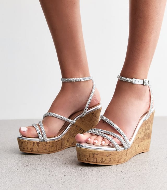 New Look Women's Silver Diamanté Strap Wedge Sandals Vegan New Look - 2