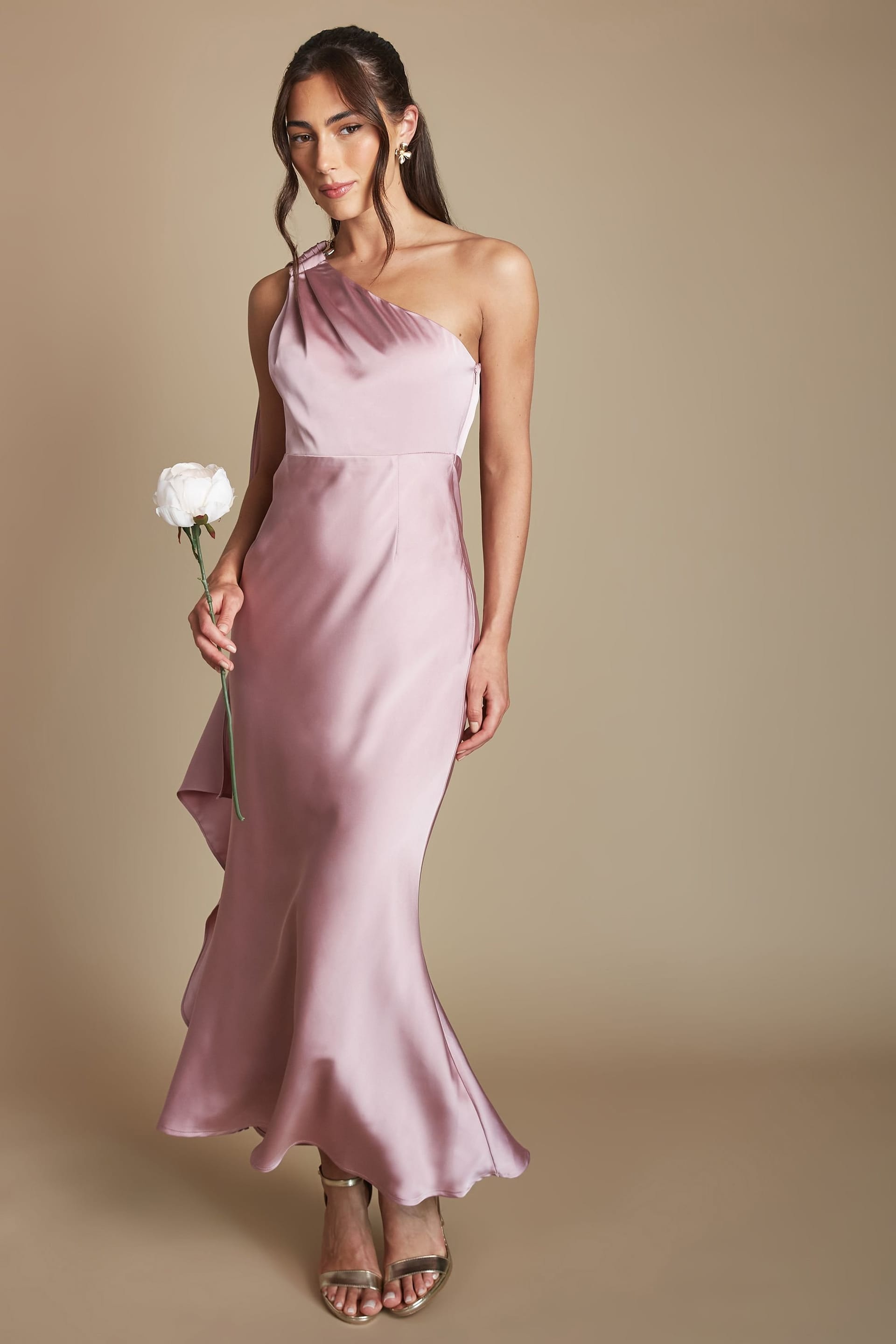 Coast Dusty Rose Satin One Shoulder Maxi Bridesmaid Dress