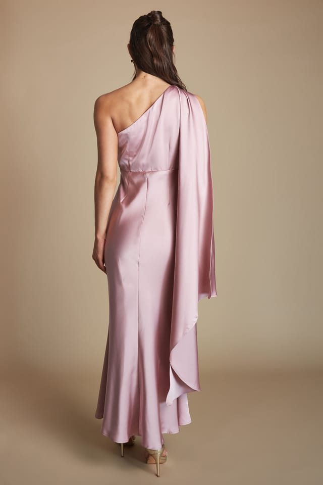 Coast Coast Women's Petite One Shoulder Satin Maxi Bridesmaid Dress With Gold Trim in Dusty Rose - 3