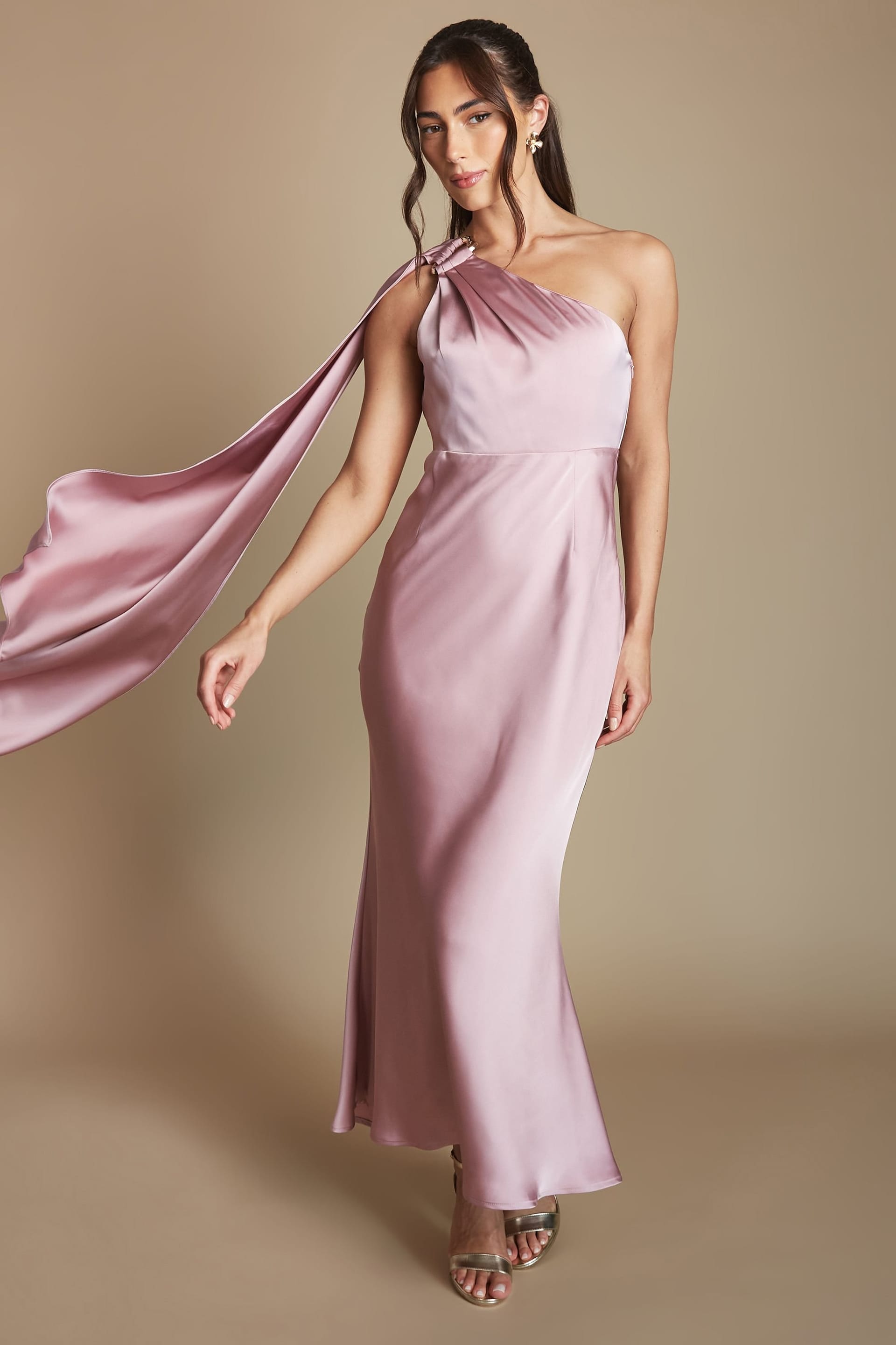 Coast Coast Women's Petite One Shoulder Satin Maxi Bridesmaid Dress With Gold Trim in Dusty Rose - 4