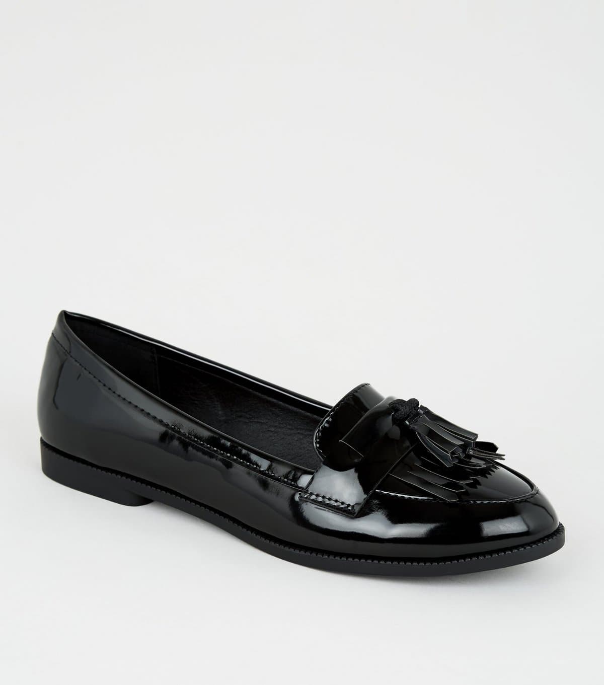 New Look Women's Wide Fit Black Patent Tassel Loafers Vegan New Look