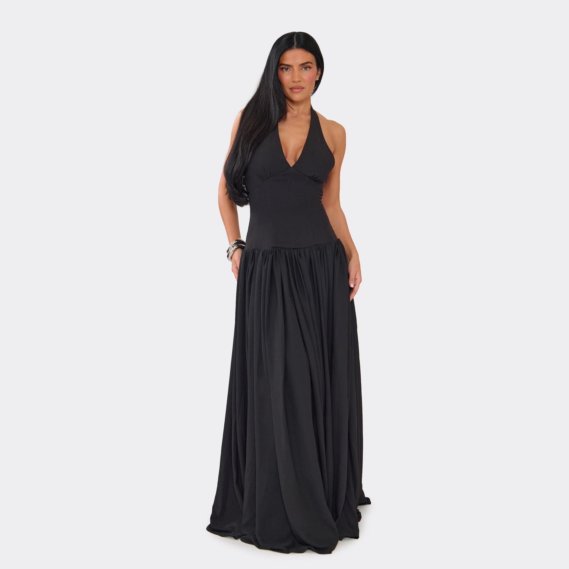 EGO Plunge Halterneck Lace Up Back Boned Corset Maxi Dress In Black, Women's Size UK 6