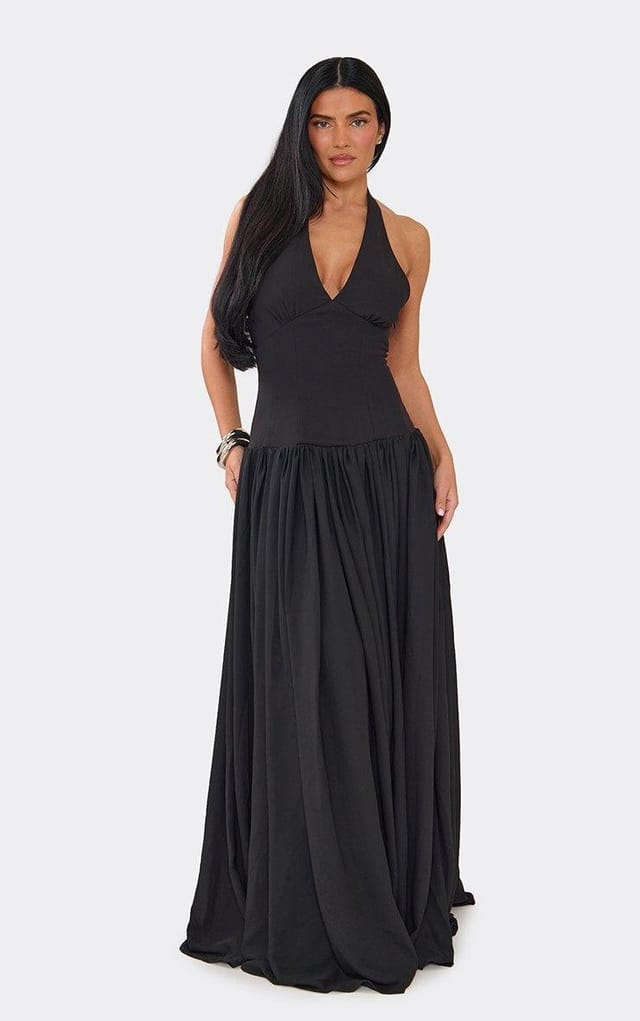 EGO Plunge Halterneck Lace Up Back Boned Corset Maxi Dress In Black, Women's Size UK 6 - 2