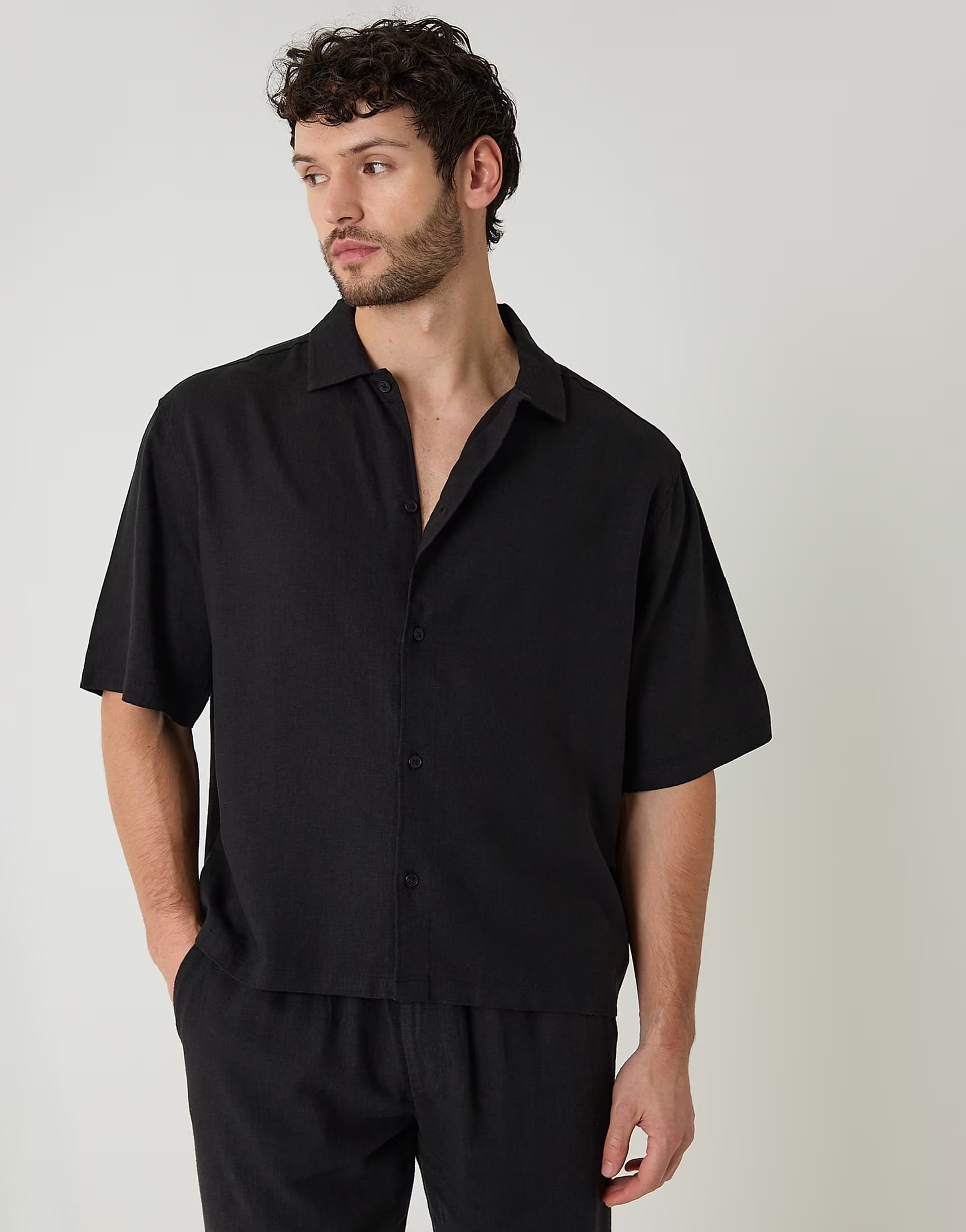 ASOS Threadbare Boxy fit linen blend short sleeve shirt in black