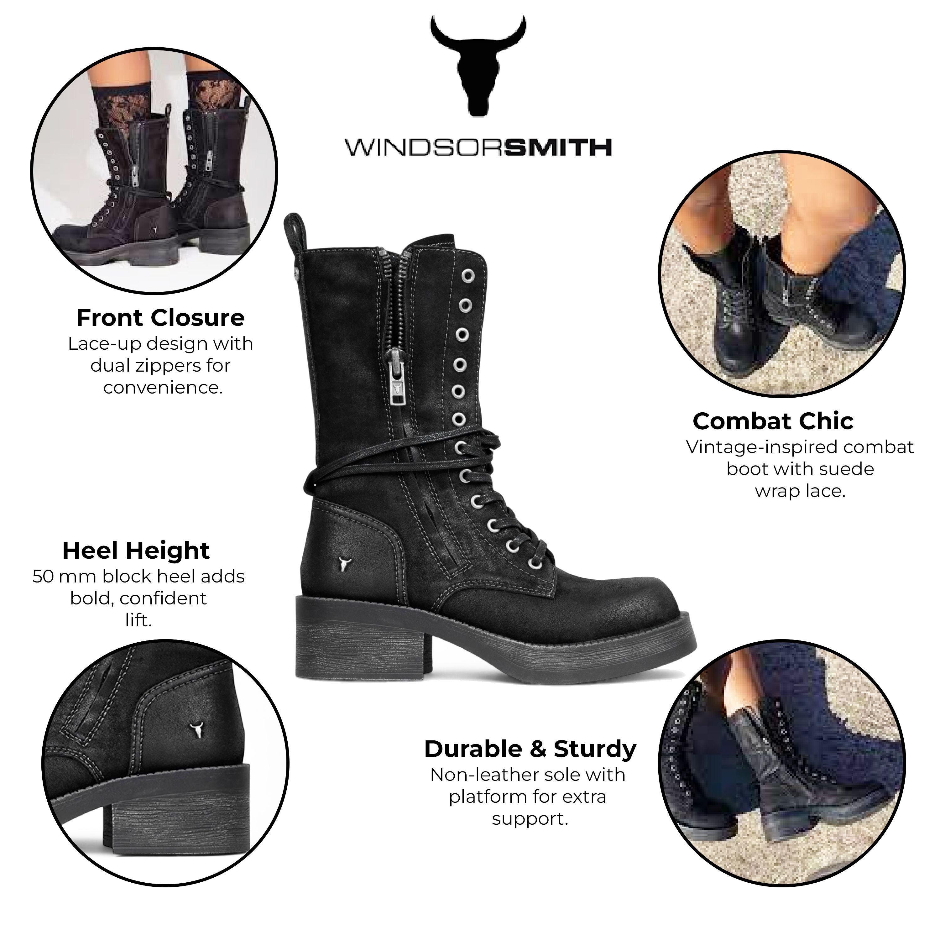 Windsor Smith Windsor Smith Women's Suede Combat Boots Mid-Calf Lace-Up Biker Shoes - Gather in Black - 2