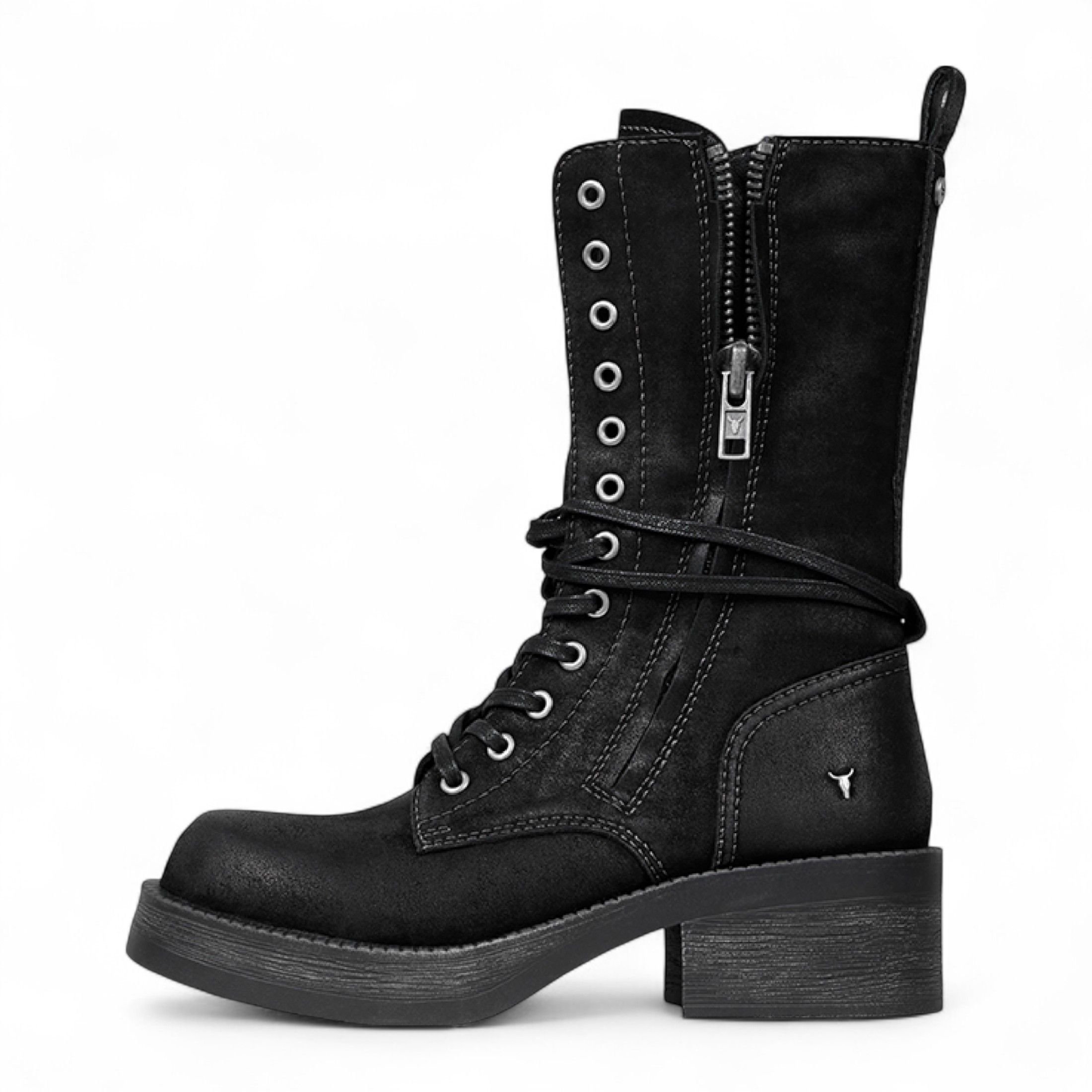 Windsor Smith Windsor Smith Women's Suede Combat Boots Mid-Calf Lace-Up Biker Shoes - Gather in Black - 3