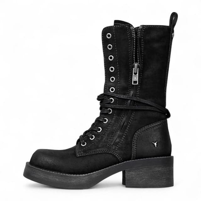 Windsor Smith Windsor Smith Women's Suede Combat Boots Mid-Calf Lace-Up Biker Shoes - Gather in Black - 3