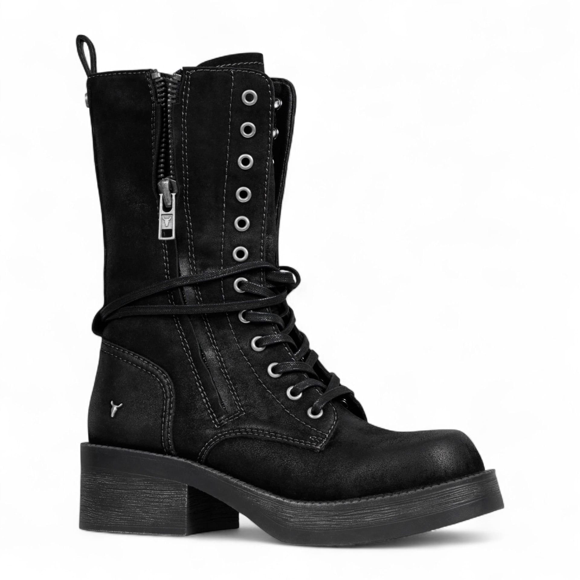 Windsor Smith Windsor Smith Women's Suede Combat Boots Mid-Calf Lace-Up Biker Shoes - Gather in Black - 4