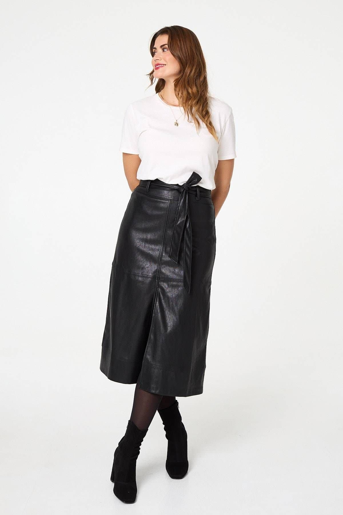 Izabel London Izabel London Women's Faux Leather Tie Waist A-Line Midi Skirt in Black