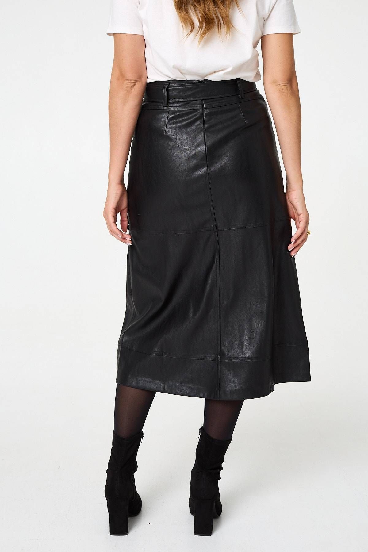 Izabel London Izabel London Women's Faux Leather Tie Waist A-Line Midi Skirt in Black - 2