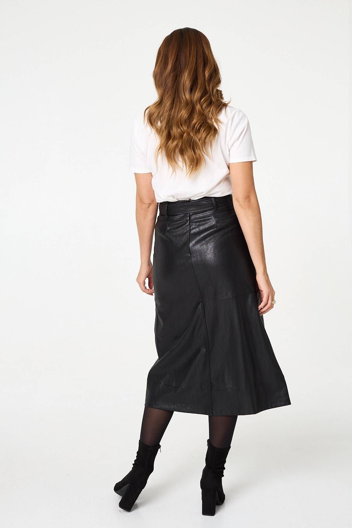 Izabel London Izabel London Women's Faux Leather Tie Waist A-Line Midi Skirt in Black - 3