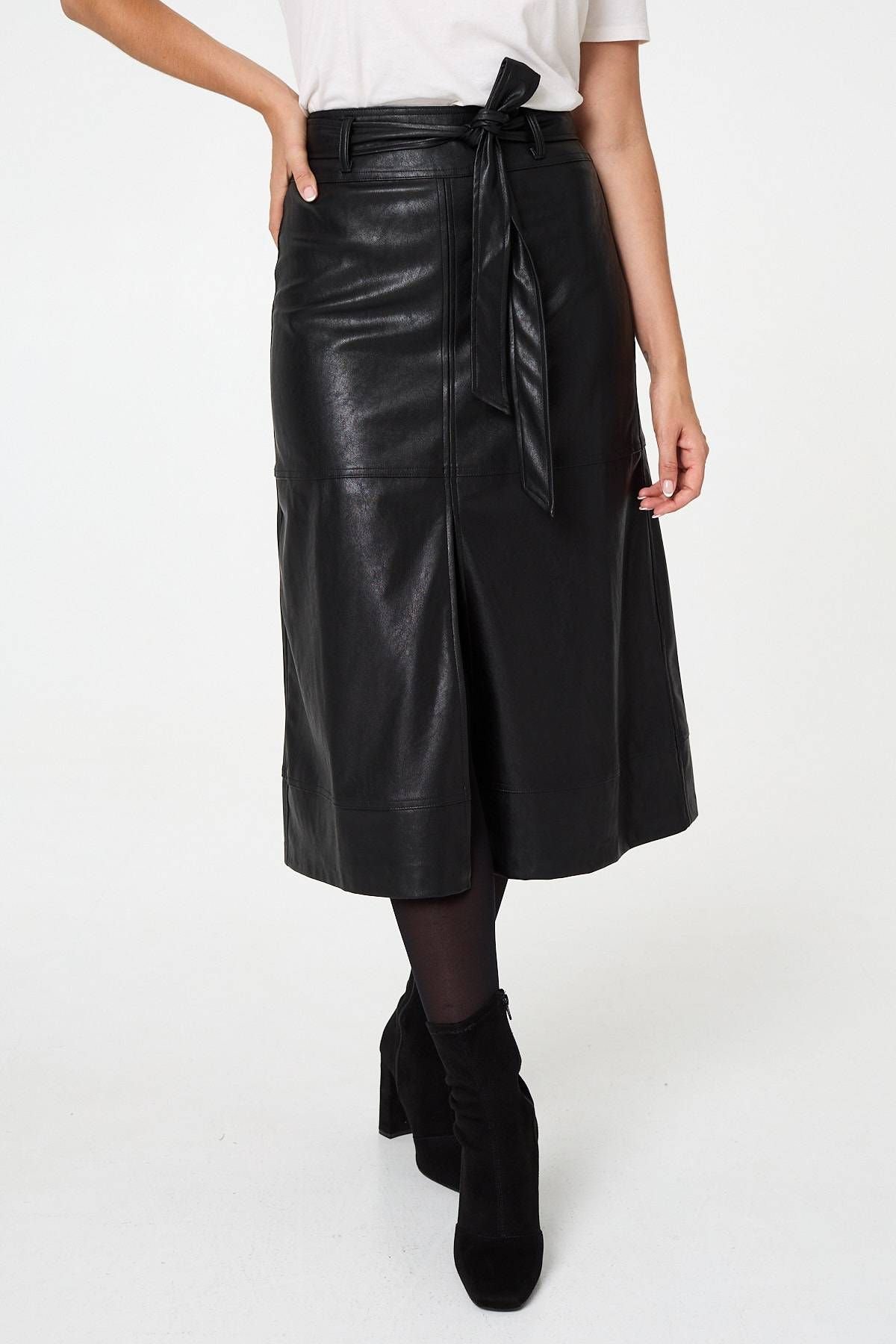 Izabel London Izabel London Women's Faux Leather Tie Waist A-Line Midi Skirt in Black - 4