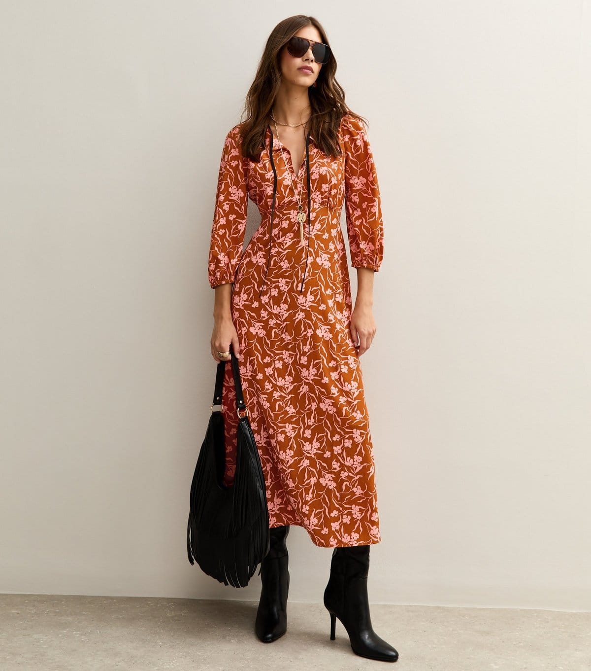 New Look Orange Floral Print Tie Neck Midi Dress