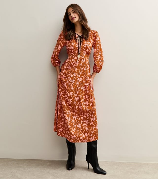 New Look Women's Orange Floral Print Tie Neck MIdi Dress New Look - 3
