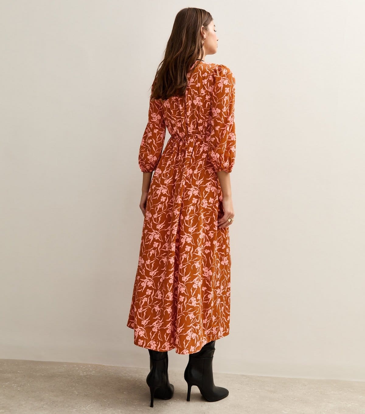 New Look Women's Orange Floral Print Tie Neck MIdi Dress New Look - 4