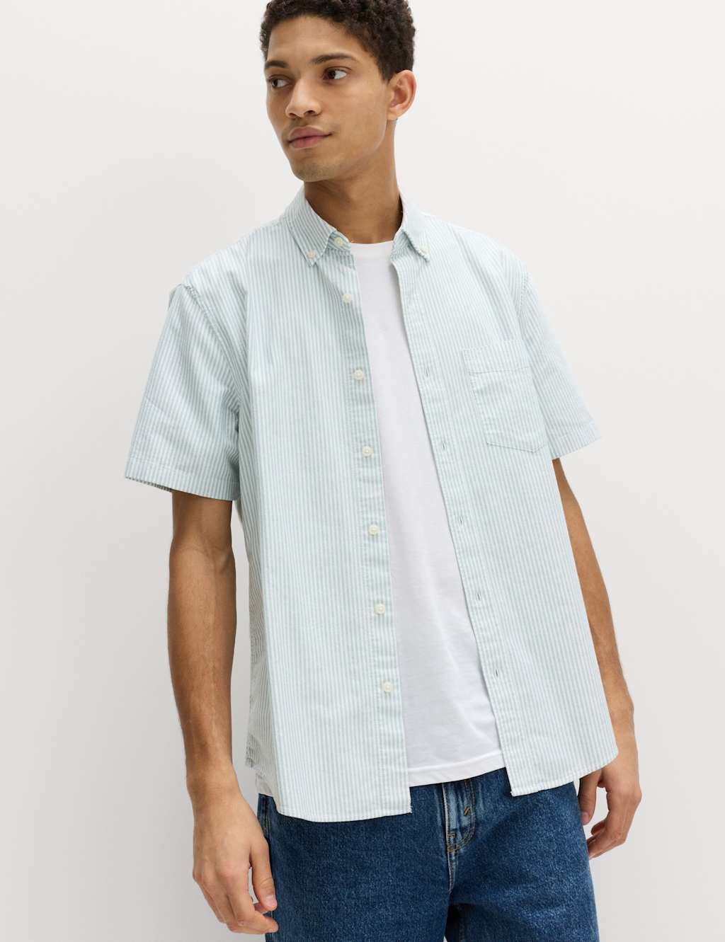 Marks & Spencer M&S Ultimate Pure Cotton Striped Oxford Shirt Olive Mix - 2