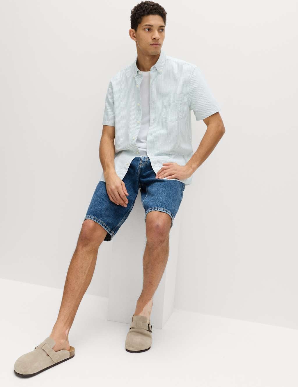 Marks & Spencer M&S Ultimate Pure Cotton Striped Oxford Shirt Olive Mix - 3