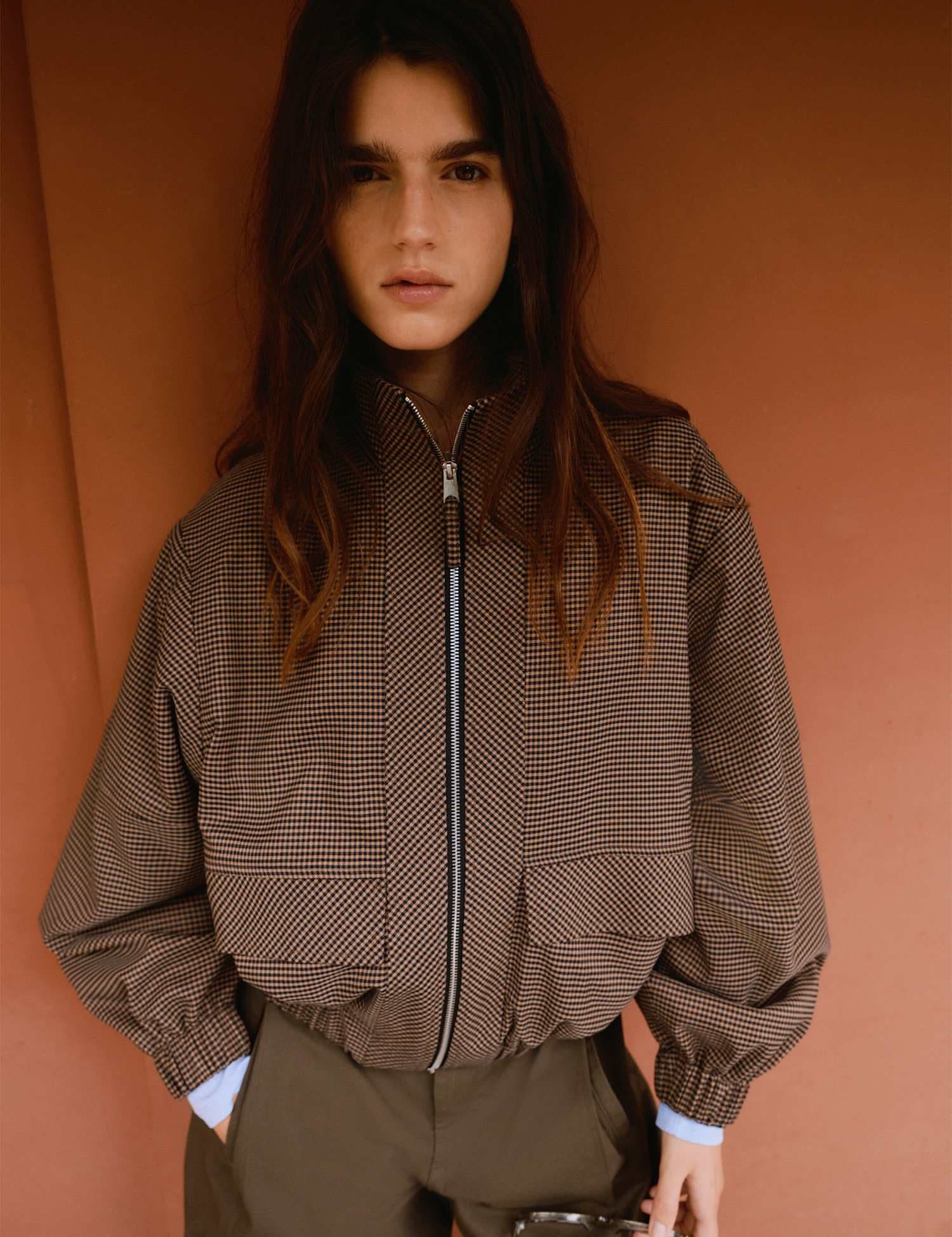 Marks & Spencer M&S Checked Funnel Neck Jacket Brown Mix