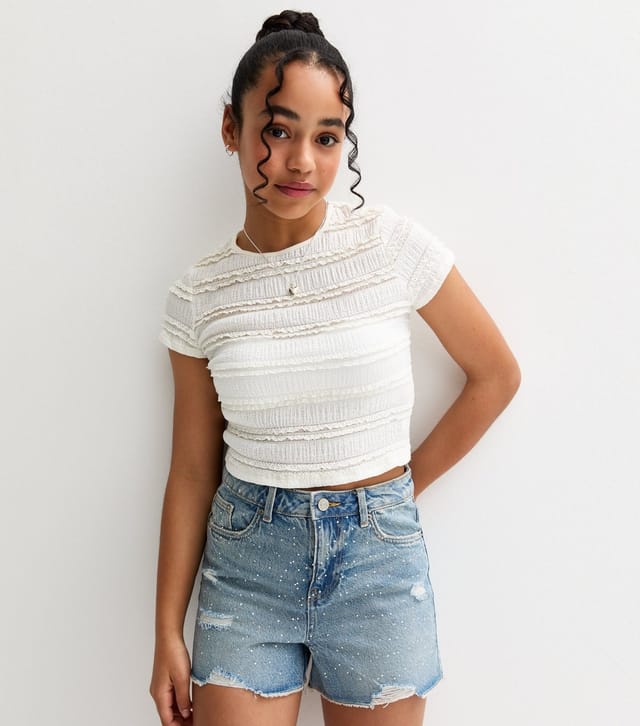 New Look Girls' Blue Embellished Ripped Denim Shorts New Look - 2