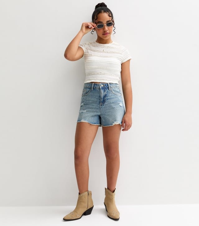 New Look Girls' Blue Embellished Ripped Denim Shorts New Look - 3
