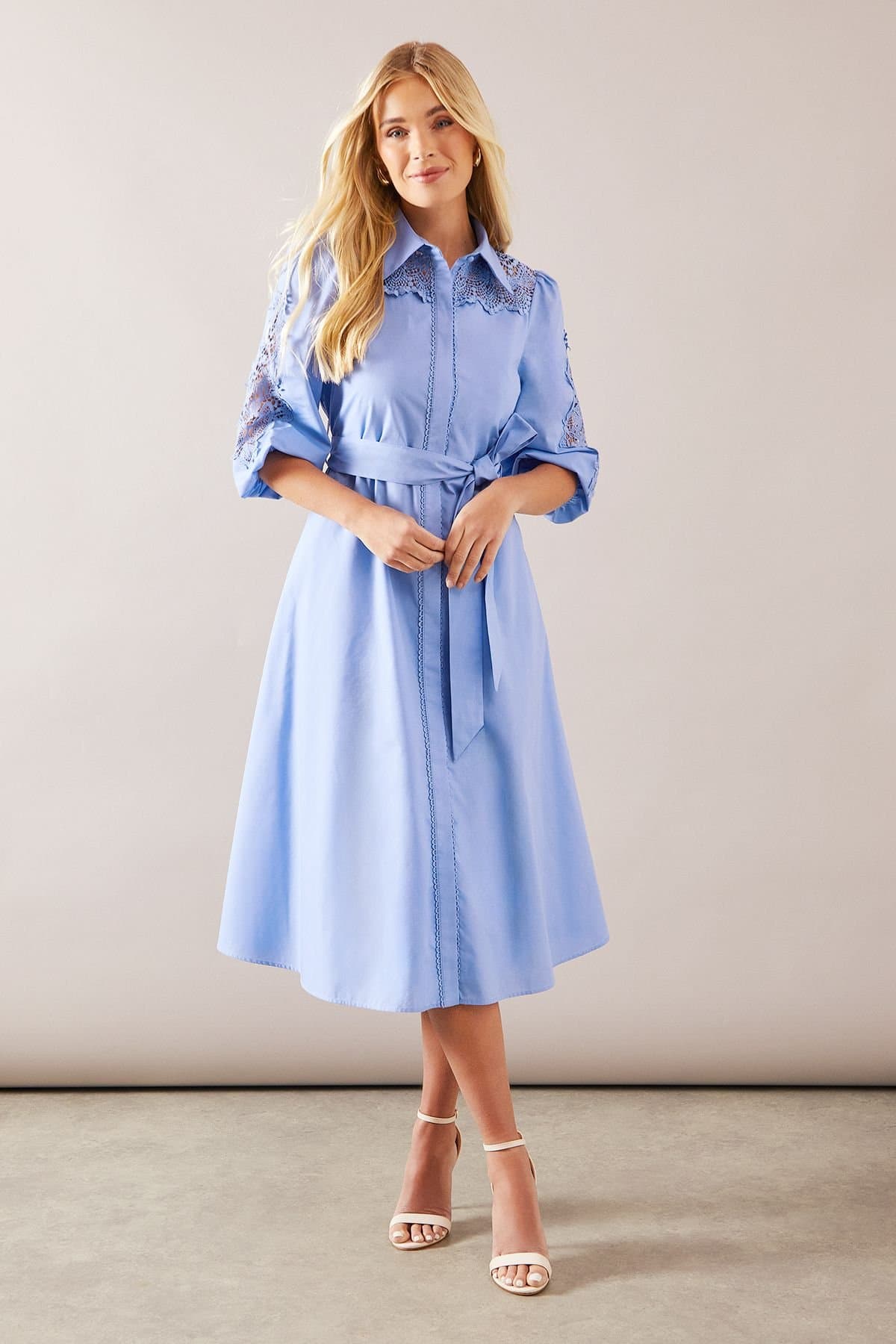Wallis Wallis Women's Petite Occasion Cotton Cutwork Detail Shirt Dress in Blue
