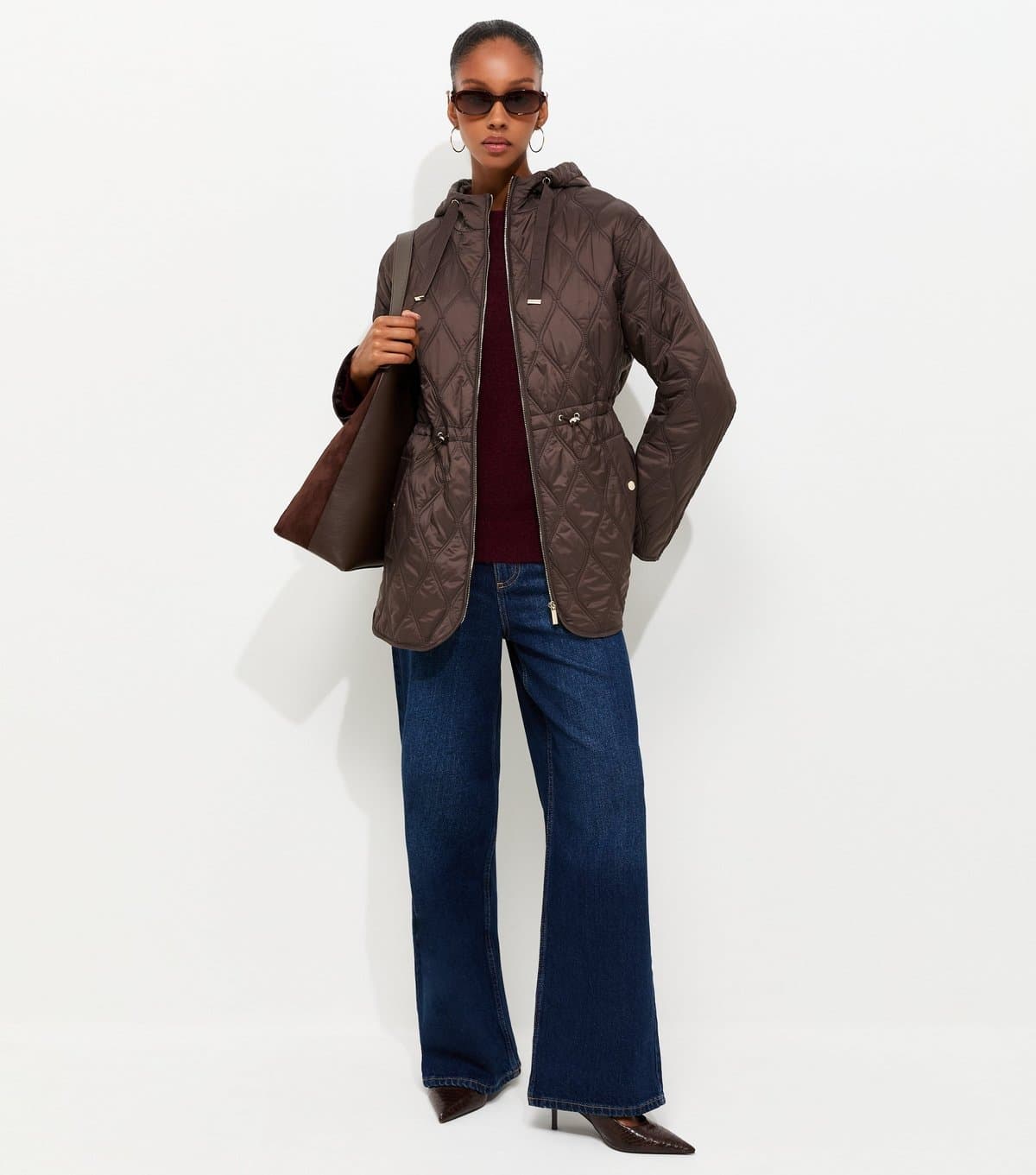 New Look Women's Dark Brown Quilted Cinched Waist Hooded Jacket New Look