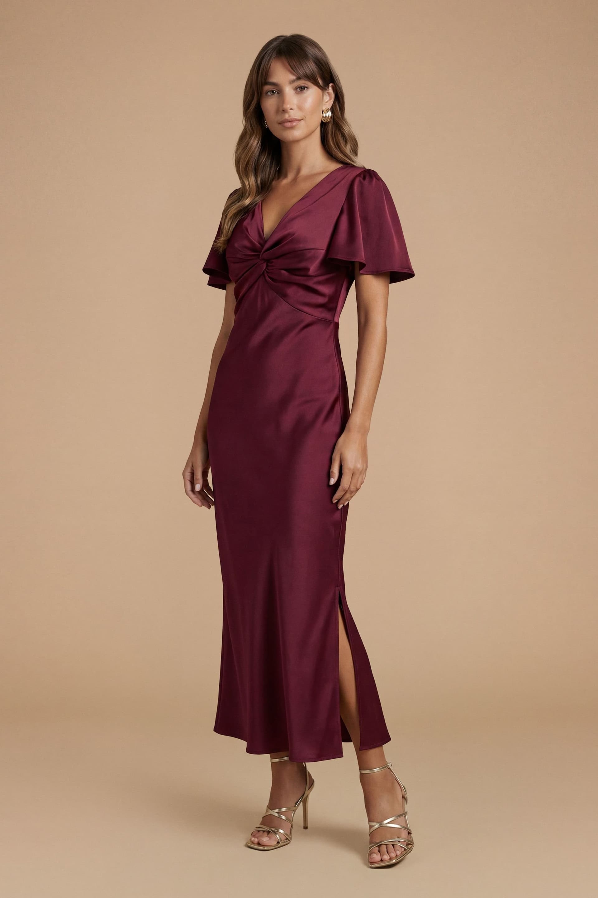 Oasis Oasis Women's Wine Satin Twist Front Angel Sleeve Midi Bridesmaid Dress
