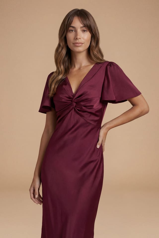 Oasis Oasis Women's Wine Satin Twist Front Angel Sleeve Midi Bridesmaid Dress - 2