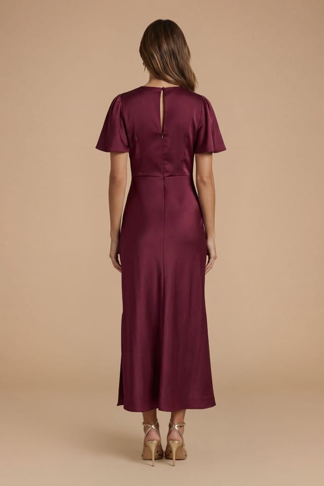Oasis Oasis Women's Wine Satin Twist Front Angel Sleeve Midi Bridesmaid Dress - 3