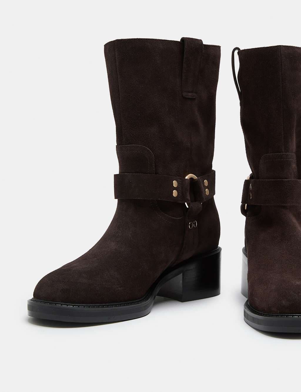 Marks & Spencer M&S Suede Biker Block Heel Mid Calf Boots Brown