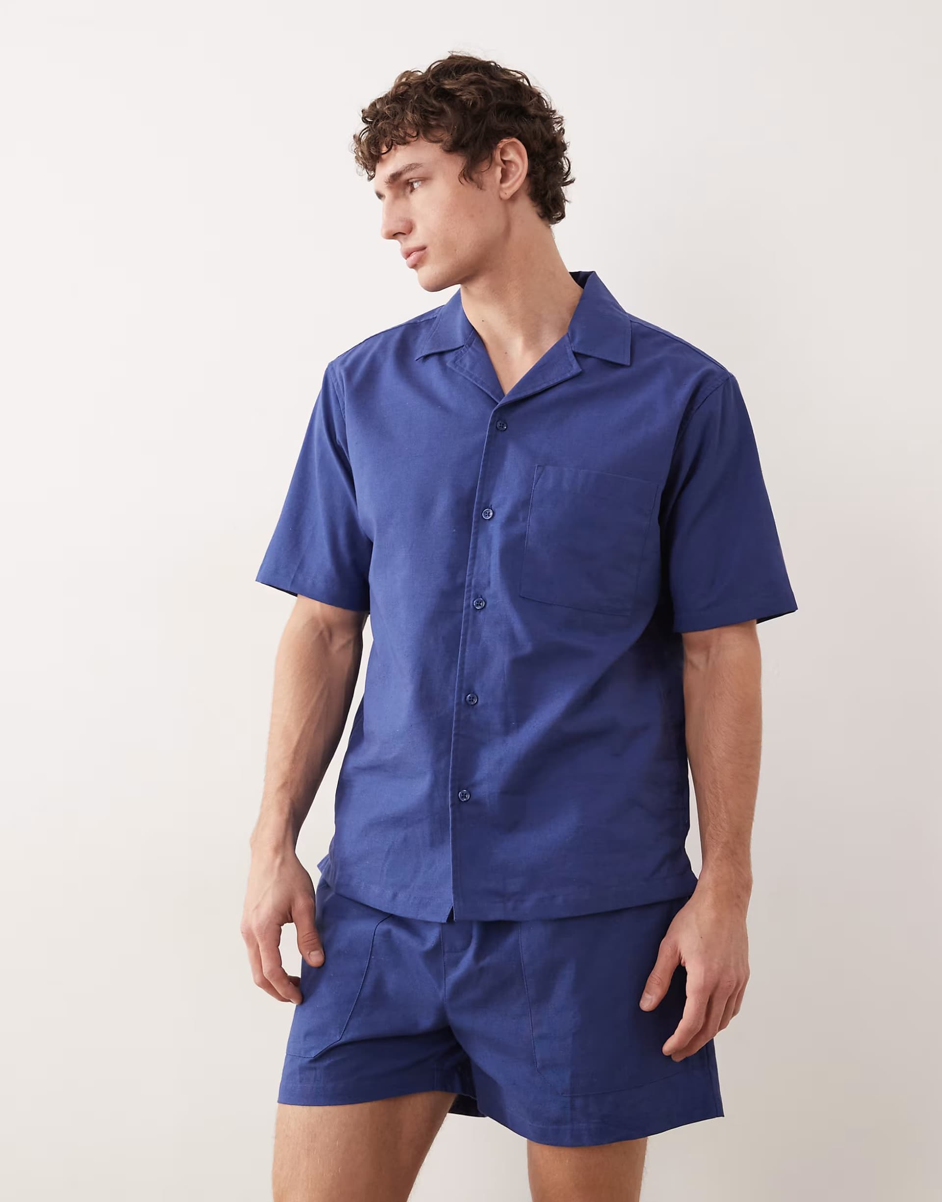 ASOS Free Society linen blend short sleeve shirt in faded denim