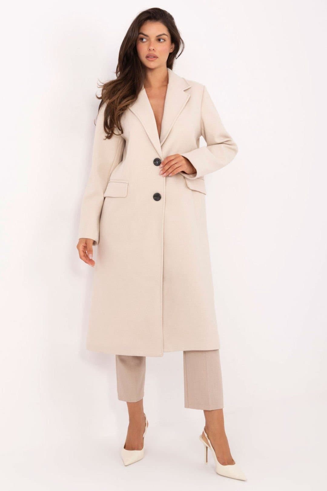 Love Lace Love Lace Women's Elegant Longline Single Breasted Coat in Beige