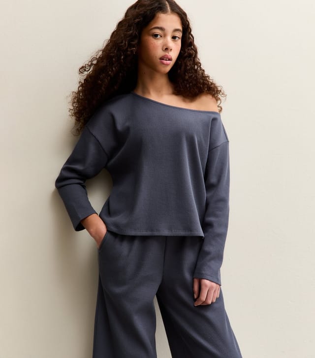 New Look Girls' Blue Waffle Off Shoulder Sweatshirt New Look - 2
