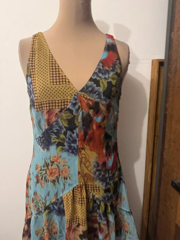 ASOS Design v neck mini dress with drop waist in patchwork print size 10