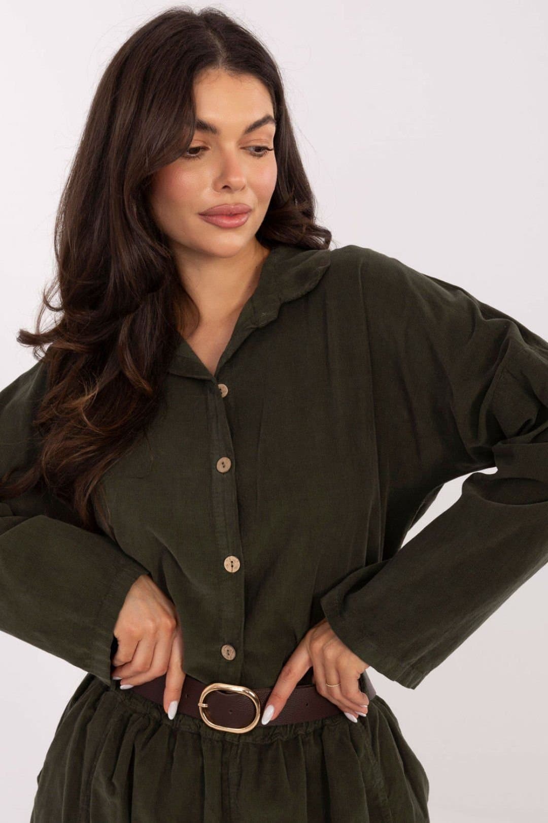 Love Lace Love Lace Women's Corduroy Button Down Long Sleeve Shirt in Green