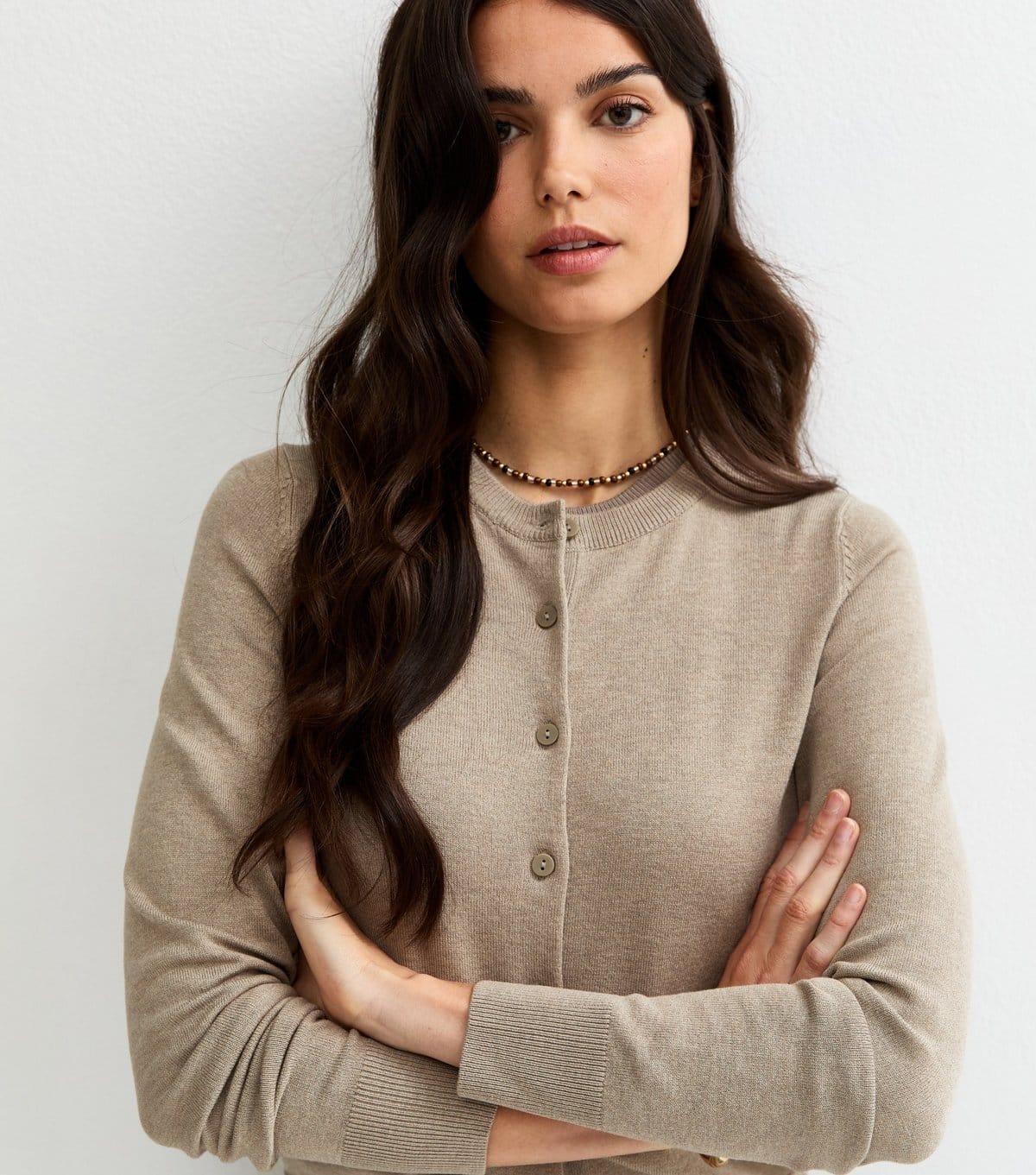 New Look Mink Knit Crew Neck Button-Up Cardigan